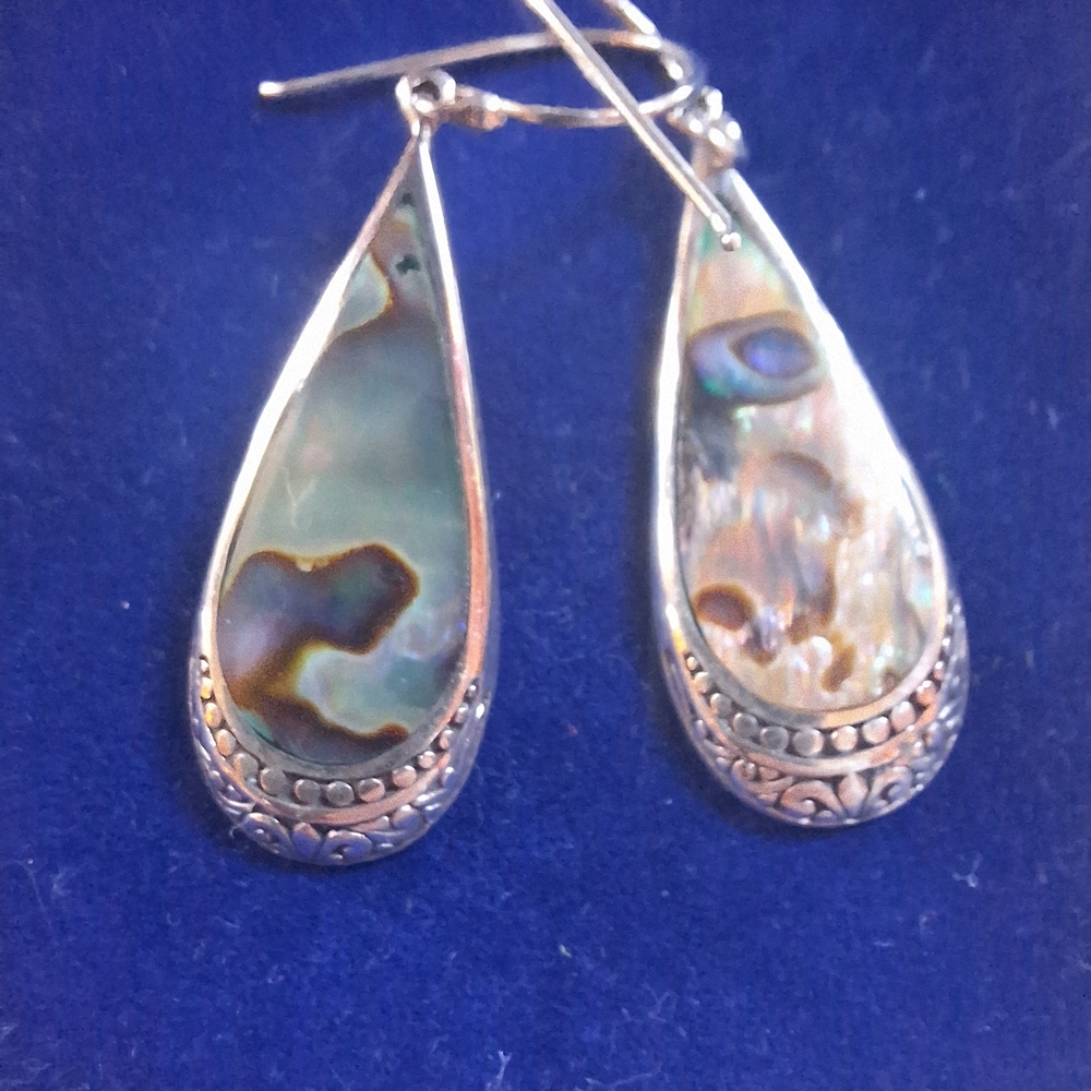 Sterling Silver 925 Abalone Teardrop Earrings - Iridescent Green & Blue